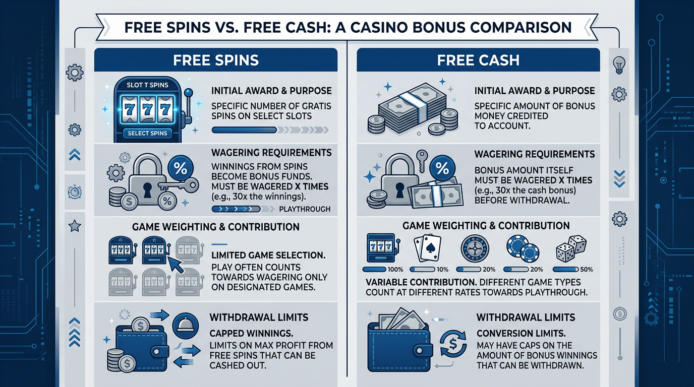 Infografika porównująca darmowe spiny i darmową kasę w kasynach online 2026