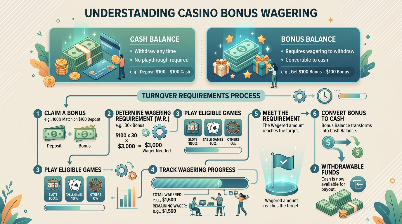 Infografika wyjaśniająca mechanikę obrotu bonusem i różnice między saldem gotówkowym a bonusowym