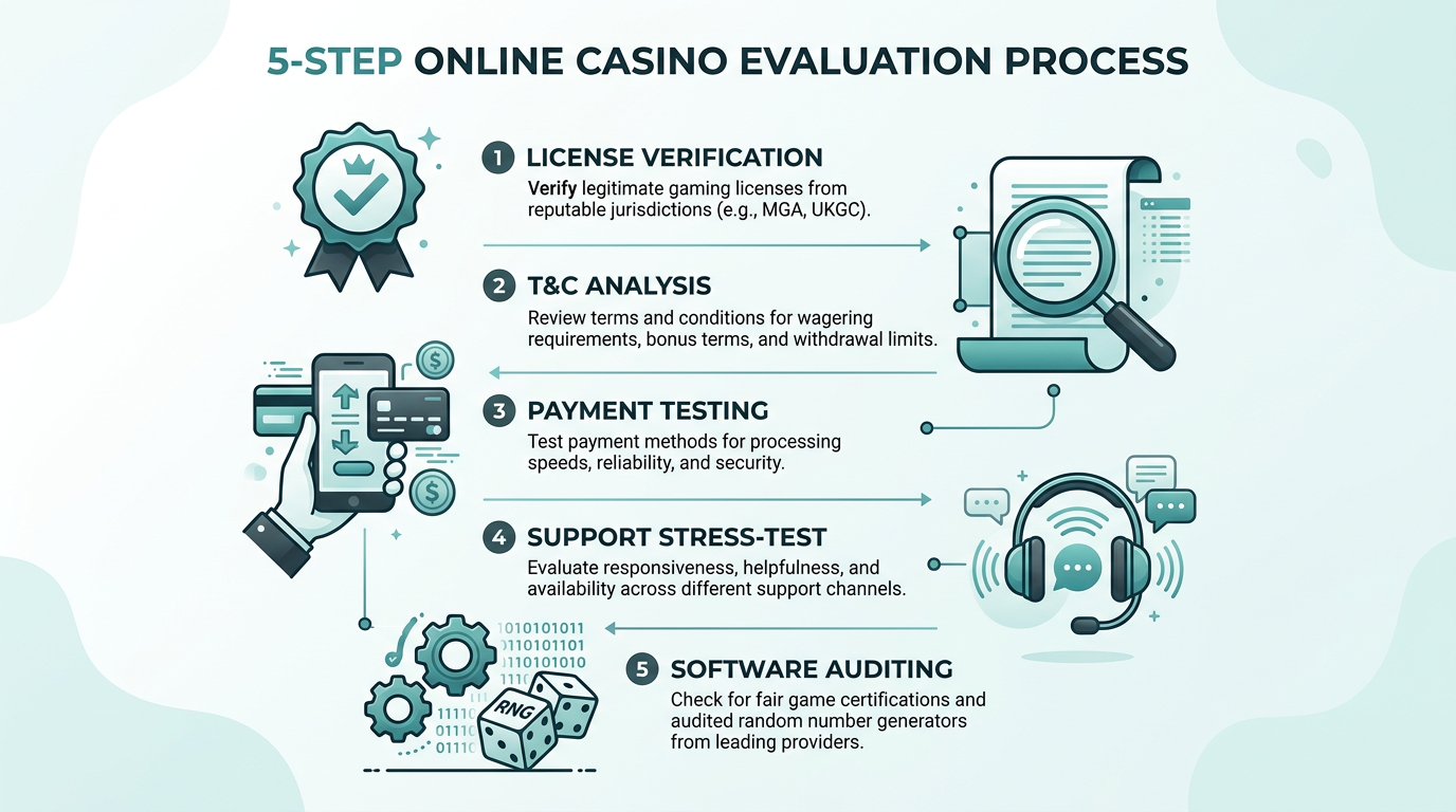 Infografika przedstawiająca 5-stopniowy proces weryfikacji nowego kasyna online w 2026 roku