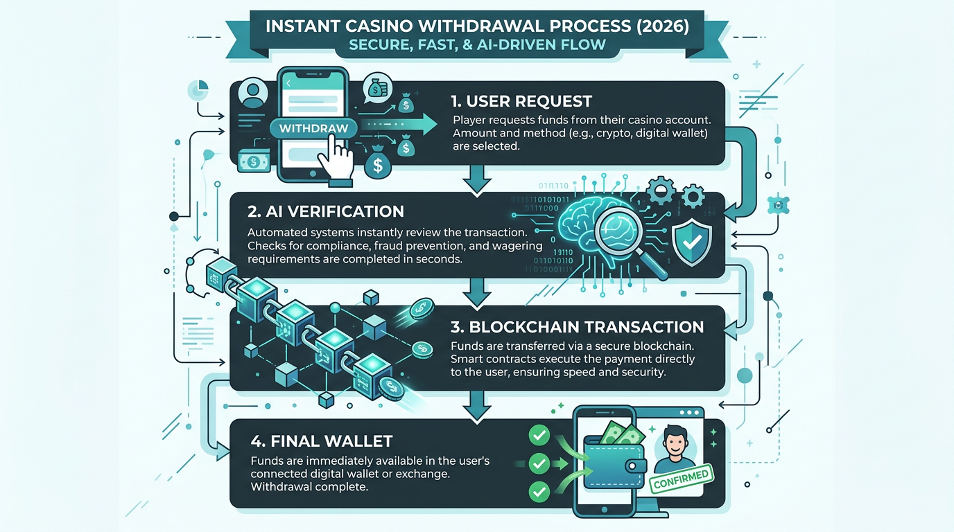 Infografika przedstawiająca proces błyskawicznej wypłaty w kasynie online: od automatycznej weryfikacji AI po przelew blockchain